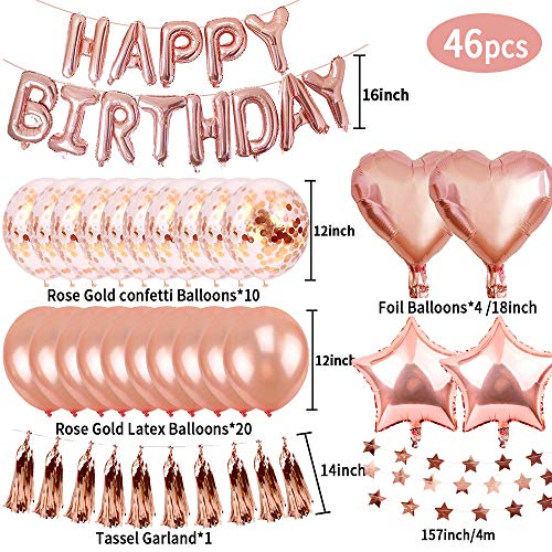 Set de decoraciones para fiestas de globos de cumpleaños de oro rosa, SPECOOL Suministro de fiesta de 46 piezas Con oropel metálico Pancarta con forma de champaña Bunting de confeti Globos de aluminio