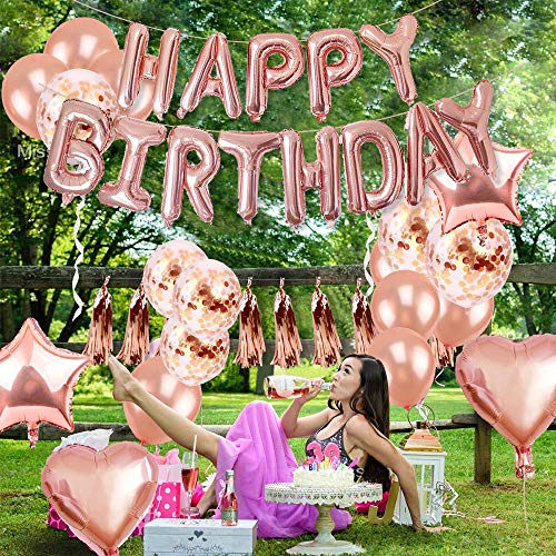 Set de decoraciones para fiestas de globos de cumpleaños de oro rosa, SPECOOL Suministro de fiesta de 46 piezas Con oropel metálico Pancarta con forma de champaña Bunting de confeti Globos de aluminio