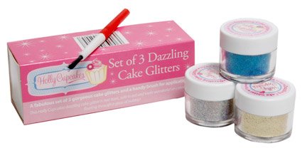 Set of 3 Holly Cupcakes Decorating Glitters with Application Brush: Silver, Gold and Blue