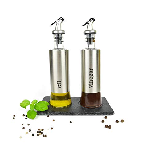 Set para aceite y vinagre sobre placa de pizarra, vinagrera, aceitera, menaje