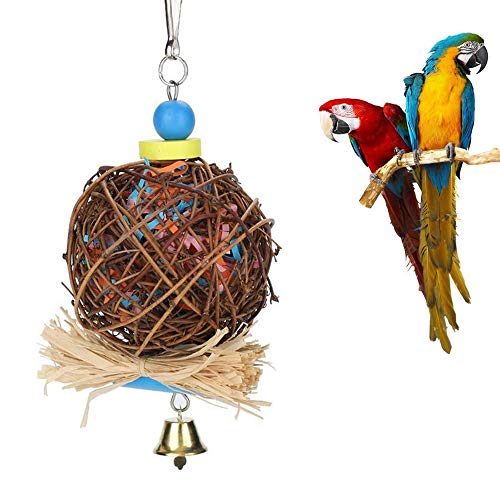 Seully Juguete de Loro para Pájaros,Juguete para Masticar Pájaros para Loro, Bola de Ratán Natural con Tiras de Papel y Campana de Metal, Columpio para Pájaros, Periquitos, Loro Encaramado