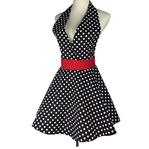 Sexy Retro Lunares Blancos Lindo Delantal Delantales,Coqueto Cocina Vintage Completo Vestido para Mujeres Camarera Niña,Algodón Repostería Hogar,Restaurante,Café Casa,Barbacoa - Negro/Rojo,72x72cm