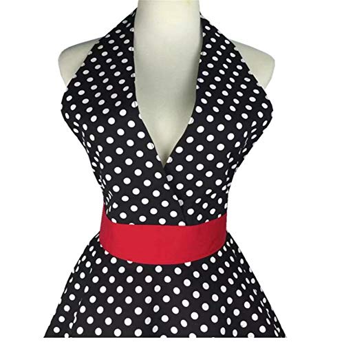 Sexy Retro Lunares Blancos Lindo Delantal Delantales,Coqueto Cocina Vintage Completo Vestido para Mujeres Camarera Niña,Algodón Repostería Hogar,Restaurante,Café Casa,Barbacoa - Negro/Rojo,72x72cm