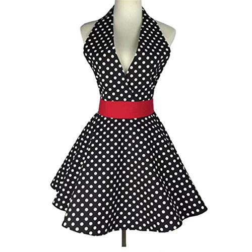 Sexy Retro Lunares Blancos Lindo Delantal Delantales,Coqueto Cocina Vintage Completo Vestido para Mujeres Camarera Niña,Algodón Repostería Hogar,Restaurante,Café Casa,Barbacoa - Negro/Rojo,72x72cm