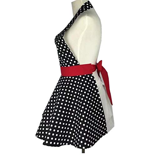 Sexy Retro Lunares Blancos Lindo Delantal Delantales,Coqueto Cocina Vintage Completo Vestido para Mujeres Camarera Niña,Algodón Repostería Hogar,Restaurante,Café Casa,Barbacoa - Negro/Rojo,72x72cm