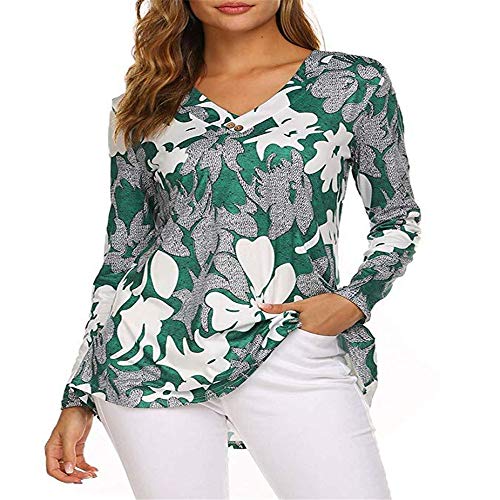 SFYZY Botón Estampado para Mujer en Cuello Delantero Cuello en V Manga Larga Camiseta Holgada para Mujer Blusa Floral Blusa Casual de Manga Larga con Botones