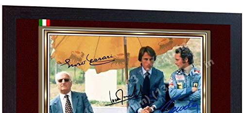 SGH SERVICES - Fotografía enmarcada de Fórmula 1 Racing Legends F1, Icono de Niki Lauda Enzo Ferrari Luca F1 autografiado de Fórmula 1 Firmado con Marco de MDF