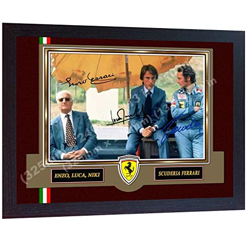 SGH SERVICES - Fotografía enmarcada de Fórmula 1 Racing Legends F1, Icono de Niki Lauda Enzo Ferrari Luca F1 autografiado de Fórmula 1 Firmado con Marco de MDF