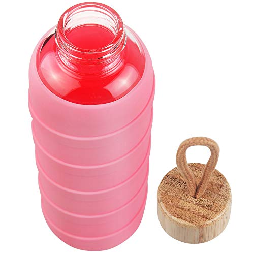 SHBRIFA Botella de Agua de Vidrio de Borosilicato Deportivo 480ml / 1000ml / 1 Litre, Botella de Agua de Cristal con Funda de Silicona y Tapa de Bambu a Prueba de Fugas(480ml Rosa)