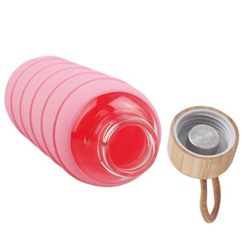 SHBRIFA Botella de Agua de Vidrio de Borosilicato Deportivo 480ml / 1000ml / 1 Litre, Botella de Agua de Cristal con Funda de Silicona y Tapa de Bambu a Prueba de Fugas(480ml Rosa)