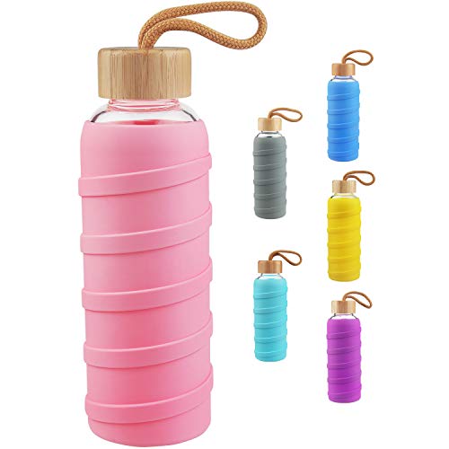 SHBRIFA Botella de Agua de Vidrio de Borosilicato Deportivo 480ml / 1000ml / 1 Litre, Botella de Agua de Cristal con Funda de Silicona y Tapa de Bambu a Prueba de Fugas(480ml Rosa)