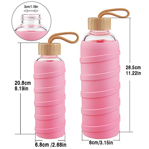 SHBRIFA Botella de Agua de Vidrio de Borosilicato Deportivo 480ml / 1000ml / 1 Litre, Botella de Agua de Cristal con Funda de Silicona y Tapa de Bambu a Prueba de Fugas(480ml Rosa)