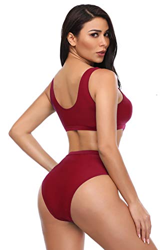 SHEKINI Bikini de Mujer Trajes de Baño de Dos Piezas Low Scoop Top de Cosecha Baja de Cuchara High Waisted Brasier Deportivo Top Racerback (S, Vino Tinto)