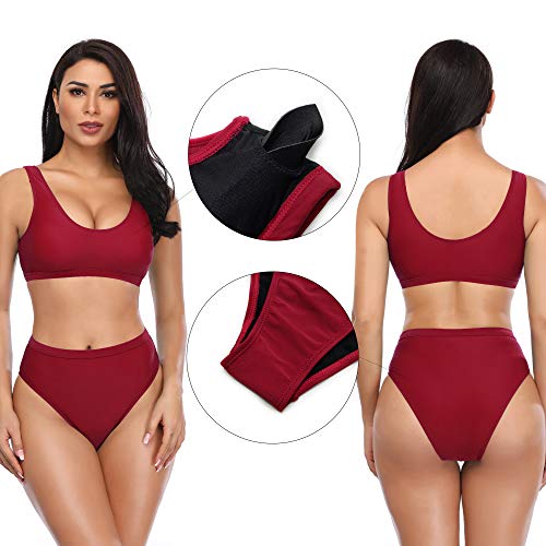 SHEKINI Bikini de Mujer Trajes de Baño de Dos Piezas Low Scoop Top de Cosecha Baja de Cuchara High Waisted Brasier Deportivo Top Racerback (S, Vino Tinto)