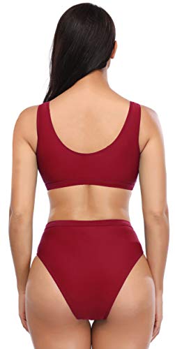 SHEKINI Bikini de Mujer Trajes de Baño de Dos Piezas Low Scoop Top de Cosecha Baja de Cuchara High Waisted Brasier Deportivo Top Racerback (S, Vino Tinto)