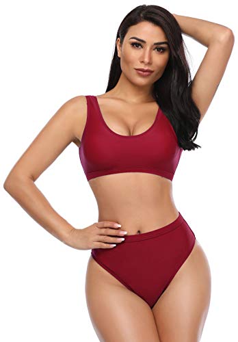 SHEKINI Bikini de Mujer Trajes de Baño de Dos Piezas Low Scoop Top de Cosecha Baja de Cuchara High Waisted Brasier Deportivo Top Racerback (S, Vino Tinto)