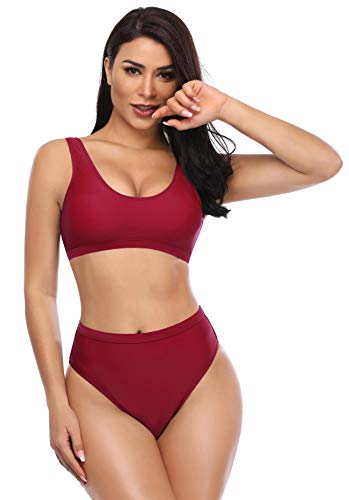 SHEKINI Bikini de Mujer Trajes de Baño de Dos Piezas Low Scoop Top de Cosecha Baja de Cuchara High Waisted Brasier Deportivo Top Racerback (S, Vino Tinto)