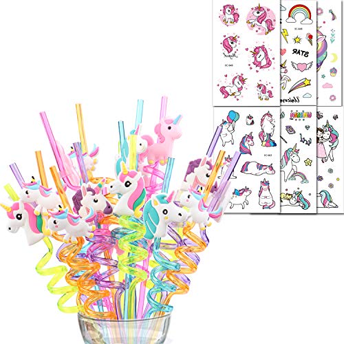 Shinelee 26 Piezas Unicornio Pajitas de Plastico Reutilizables, Tatuajes Temporales, Artículos de Fiesta Unicornio Cumpleaños Niños