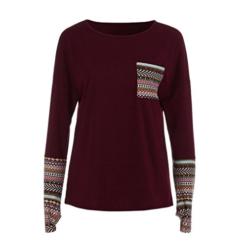 SHOBDW Separación Mujer Camiseta Manga Larga Labor de Retazos Blusa Tops otoño Invierno Ropa (Vino Rojo, XXXL)