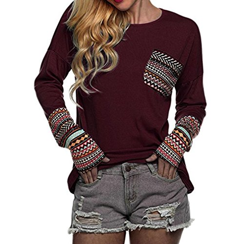 SHOBDW Separación Mujer Camiseta Manga Larga Labor de Retazos Blusa Tops otoño Invierno Ropa (Vino Rojo, XXXL)