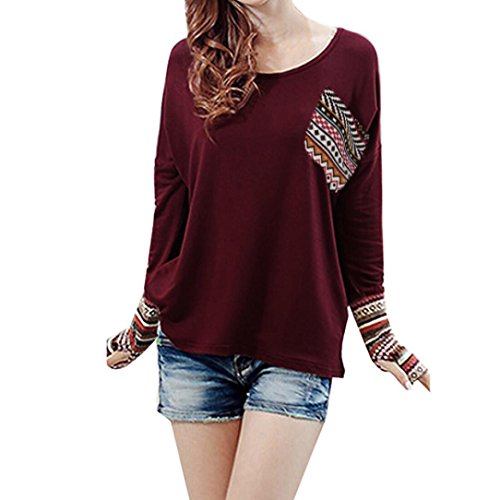 SHOBDW Separación Mujer Camiseta Manga Larga Labor de Retazos Blusa Tops otoño Invierno Ropa (Vino Rojo, XXXL)