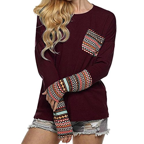 SHOBDW Separación Mujer Camiseta Manga Larga Labor de Retazos Blusa Tops otoño Invierno Ropa (Vino Rojo, XXXL)