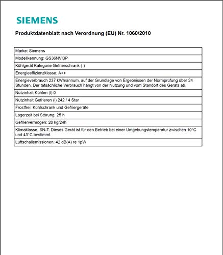 Siemens iQ300 GS36NVI3P - Congelador (Vertical, 242 L, 20 kg/24h, SN-T, Sistema de descongelado, A++)