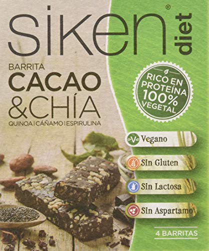 Siken Diet Proteína Vegetal - Barrita Cacao & Chía de 36 g. 140 Kcal/barrita. Caja con 4 unidades.