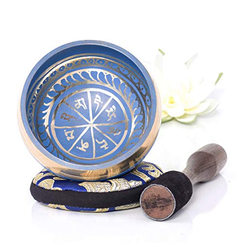 Silent Mind ~ Juego De Cuencos Tibetanos ~ Diseño Azul ~ Con Mazo De Superficie Doble Y Cojín De Seda ~ Promueve La Paz, La Curación De Chakras Y La Atención Plena ~ Un Regalo Exquisito