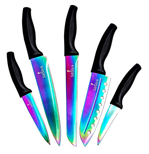 SiliSlick Juego de cuchillos de cocina | 5 cuchillos elegantes cuchillas de acero inoxidable de calidad chef con mangos ergonómicos