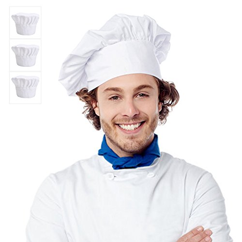 Simpoly Juego de 3 Gorros de Chef para Mujer y Hombre, Banda Elástica para Adultos, Juguete Ajustable para restaurantes, Cocina, Catering, Ligero, Transpirable, Cómodo (Blanco)