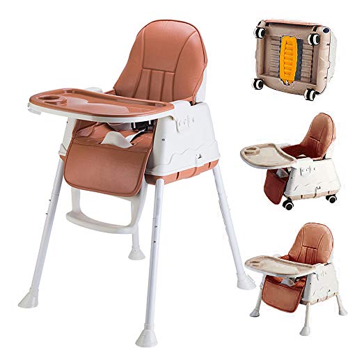 Sinbide Trona para Bebé Evolutiva Ajustable y Plegable Silla Alta de Bebé con Cuatro Ruedas Silla de bebé con la Mesa Portátil Plegable Multifuncional para Comer (Marrón)