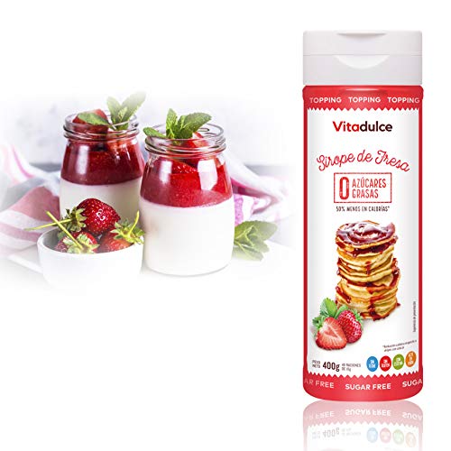 Sirope de fresa sin azúcar, Sirope bajo en calorías, Topping de fresa 400 gr - Vitadulce