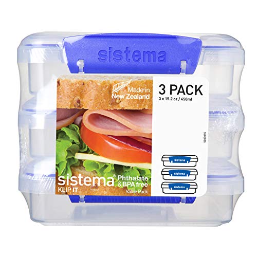 Sistema 1643, Fiambreras para Sándwiches, 450 ml, 14.5 x 15 x 12.4 cm, Pack de 3 Unidades