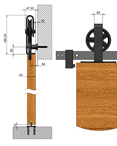 Sistema de puerta corredera, rueda superior de radios de 200 cm, juego completo con ruedas y carril, sistema de puerta corredera de 2 metros, rueda de radios - Spoke top black