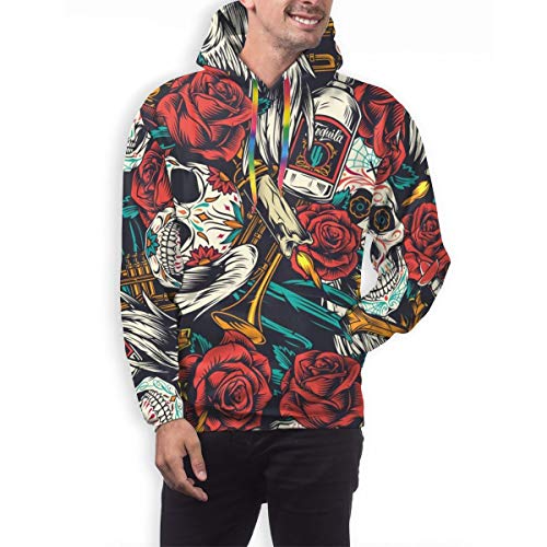 Skateboard boy Sudadera con Capucha para Hombre Vintage Day of Dead de Patrones sin Fisuras con Calaveras de azúcar, trompetas de Flores Rosas, Sudadera XXL