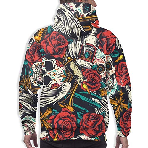 Skateboard boy Sudadera con Capucha para Hombre Vintage Day of Dead de Patrones sin Fisuras con Calaveras de azúcar, trompetas de Flores Rosas, Sudadera XXL