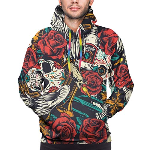 Skateboard boy Sudadera con Capucha para Hombre Vintage Day of Dead de Patrones sin Fisuras con Calaveras de azúcar, trompetas de Flores Rosas, Sudadera XXL