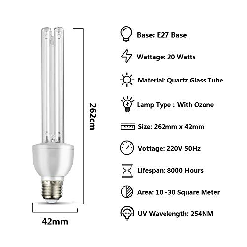 Smart Spring® lámpara germicida UV UVC con bombilla de ozono E27 20 W 220 V limpia el aire para el hogar dormitorio cocina