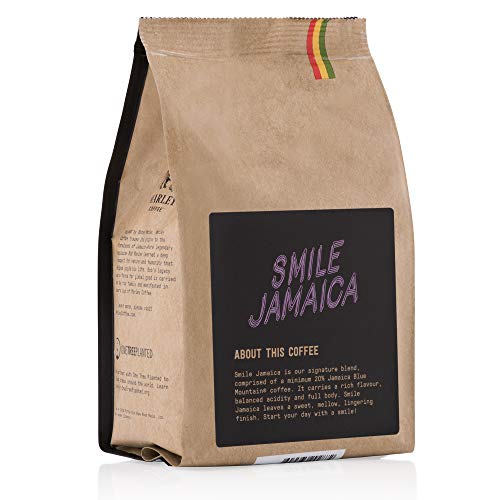 Smile Jamaica de Marley Coffee, 20 % café Jamaica Blue Mountain mezcla, granos de café, tostado medio, de la familia de Bob Marley, 227 g Café en Grano