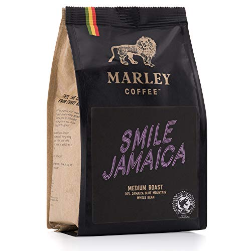 Smile Jamaica de Marley Coffee, 20 % café Jamaica Blue Mountain mezcla, granos de café, tostado medio, de la familia de Bob Marley, 227 g Café en Grano