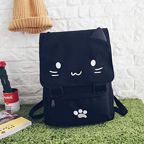 SODIAL Bolsa de Estudiante de Lona de Bordado de Gato Lindo de Moda Mochila de Mujer de Dibujos Animados Bolsa de Escuela de Ocio Negro & Blanco