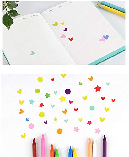 Sofecto - 18 hojas de colores decorativos con diseño de corazón, puntos, estrellas, pegatinas adhesivas para manualidades infantiles, papel de colores para agenda (3 estilos cada 6 hojas)