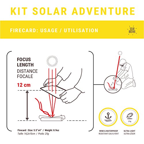 SOLAR BROTHER - Adventure Kit - Fuego solar y pirograbador - Código Morse - Iniciador de fuego FIRECARD + Espejo SREFLECT + Bolsa protectora amarilla