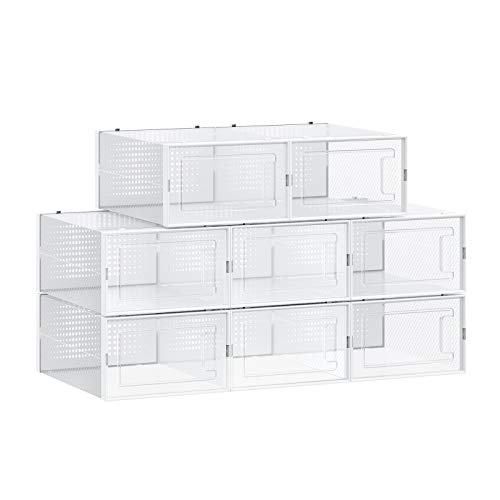 SONGMICS Cajas de Zapatos, Paquete de 8 Organizadores de Almacenamiento, Plegables y Apilables para Zapatillas hasta Talla 42, Transparente y Blanco LSP08SWT