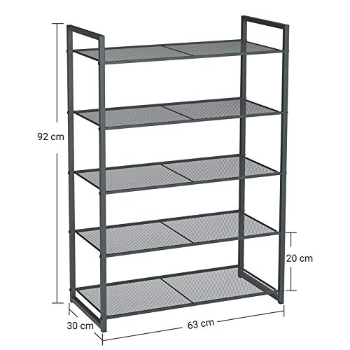 SONGMICS Estante para Zapatos de 5 Niveles, Organizador de Zapatos Apilable, 15-20 Pares de Zapatos, Estante Metálico para Zapatos, 63 x 30 x 92 cm (Largo x Ancho x Alto), Gris Ahumado LMR85GC