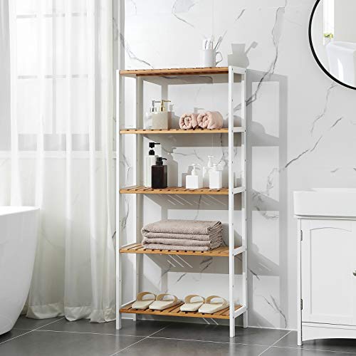 SONGMICS Estantería de 5 Niveles para Baño, Estantería de Cocina de Bambú con 9 Alturas Ajustables, Expositor Multifuncional en Salón, Vestíbulo, 60 x 26 x 130 cm, Blanco y Natural BCB35WN