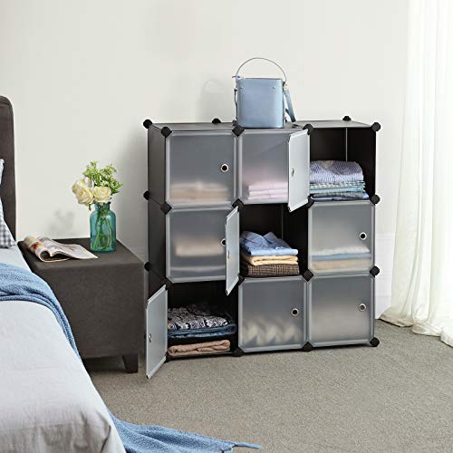 SONGMICS Estantería Modular, Armario Modular de 9 Cubos, Estantería de Plástico con Puertas, para Zapatillas, Ropa, Juguetes, Libros, Fácil de Montar, Negro LPC116HS