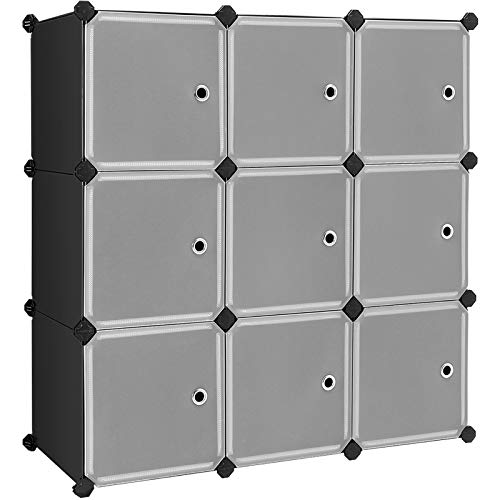 SONGMICS Estantería Modular, Armario Modular de 9 Cubos, Estantería de Plástico con Puertas, para Zapatillas, Ropa, Juguetes, Libros, Fácil de Montar, Negro LPC116HS