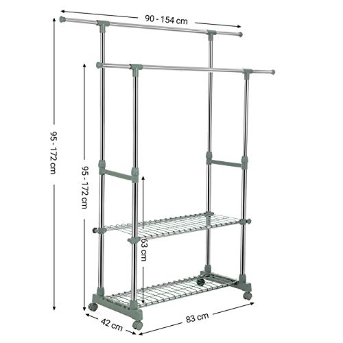 SONGMICS Riel Dual de Ropa, Perchero Extensible con Estantes de Almacenamiento, Rieles Colgantes Rodantes, Tubo Revestido de Acero Inoxidable, (90-154) x 42 x (95-172) cm, Plata y Verde Salvia LLR03GG